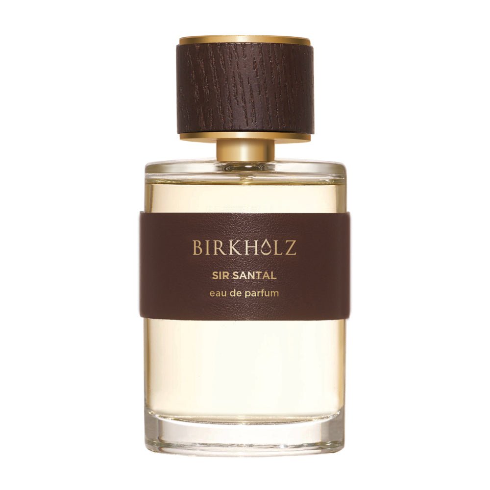 Birkholz Sir Santal eau de parfum in clear glass bottle with dark brown leather and wood cap