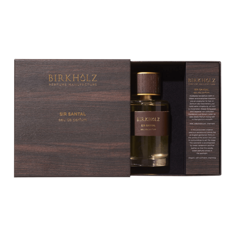 Birkholz Sir Santal eau de parfum bottle with dark wooden textured box packaging