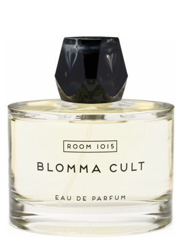 Blomma Cult Room 1015 perfume bottle with black geometric cap and clear glass container