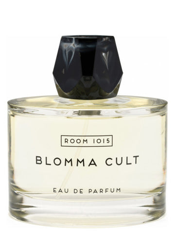 Blomma Cult Room 1015 perfume bottle with black geometric cap and clear glass container