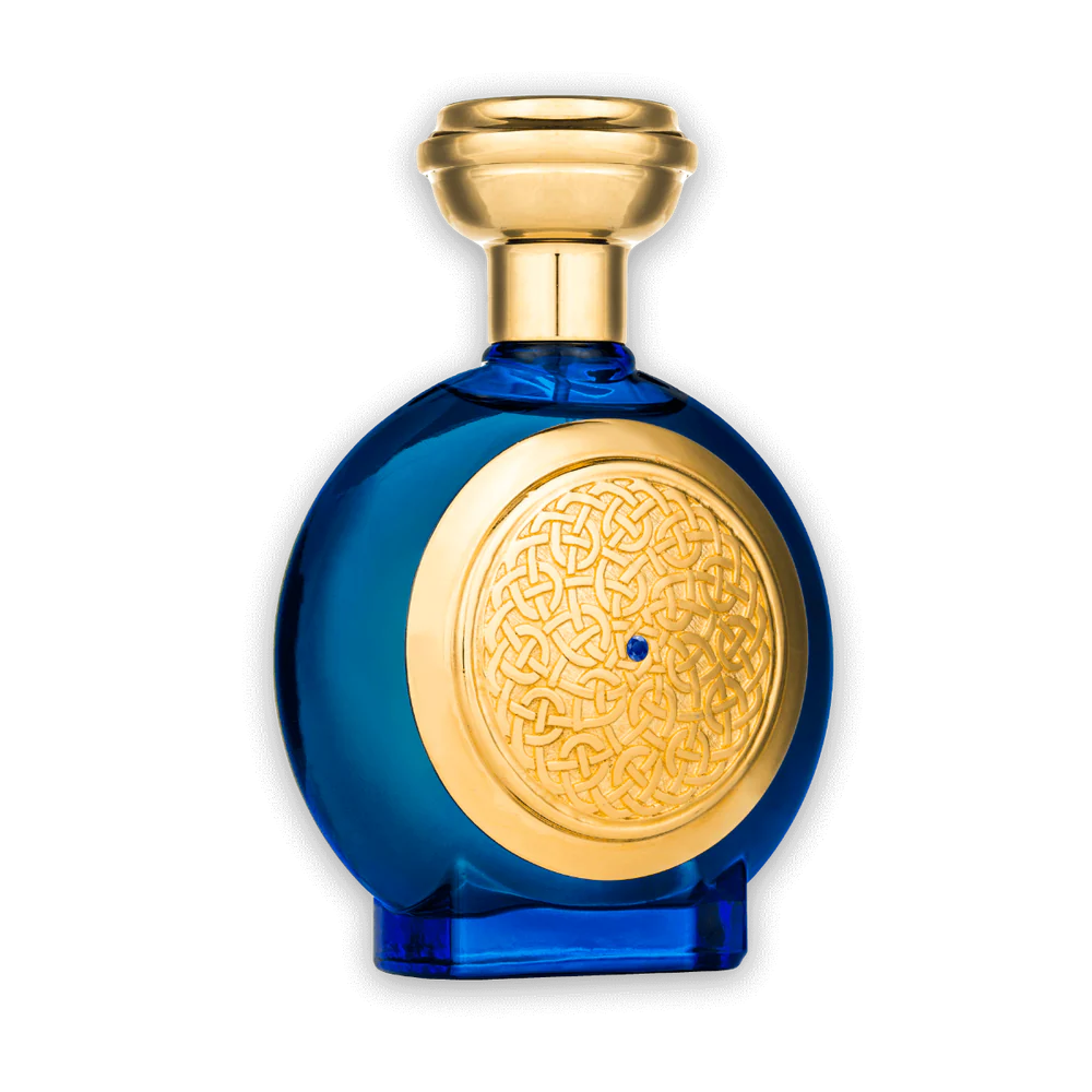 Boadicea Blue Sapphire perfume in an elegant blue bottle with a gold cap and intricate design