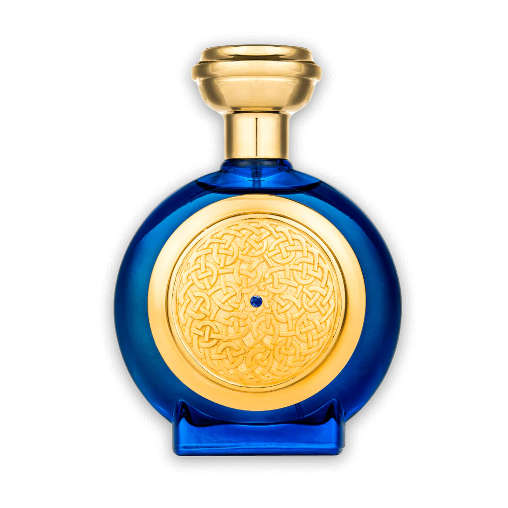 Boadicea Blue Sapphire perfume in an elegant blue bottle with a gold cap and intricate design