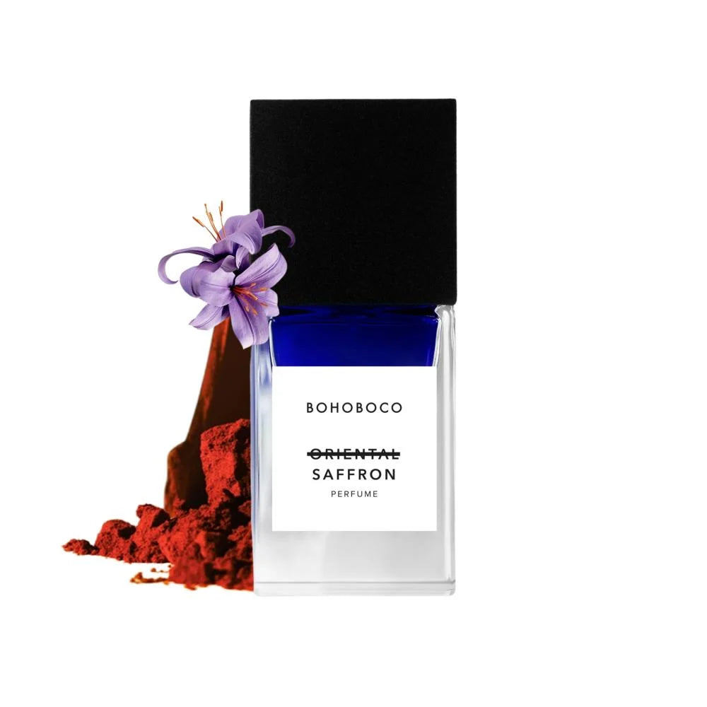 BOHOBOCO oriental saffron perfume bottle with black cap and white packaging box