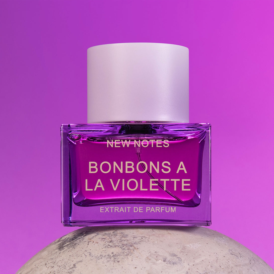 NEW NOTES Bonbons A La Violette perfume bottle with purple fragrance and white cap on purple background