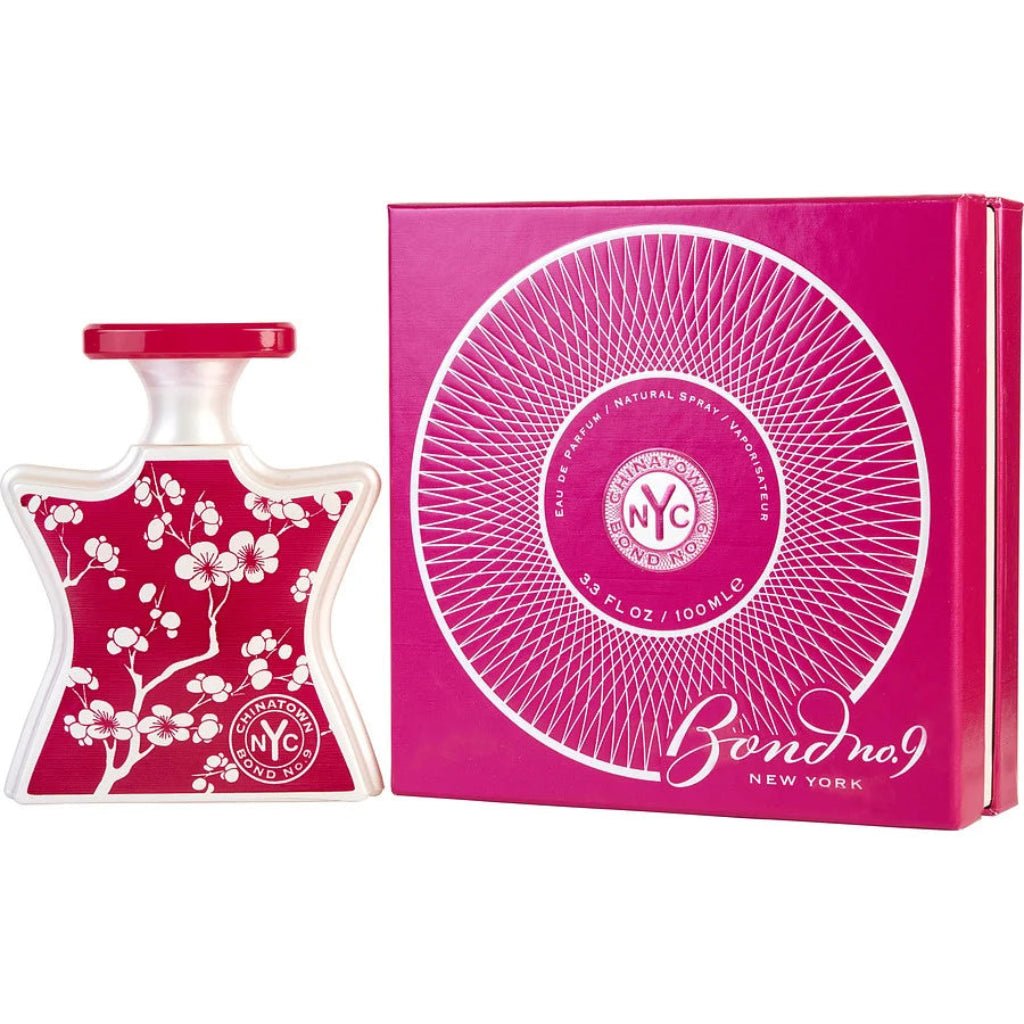 Bond No 9 Chinatown 100ml perfume bottle with floral design and matching pink packaging box