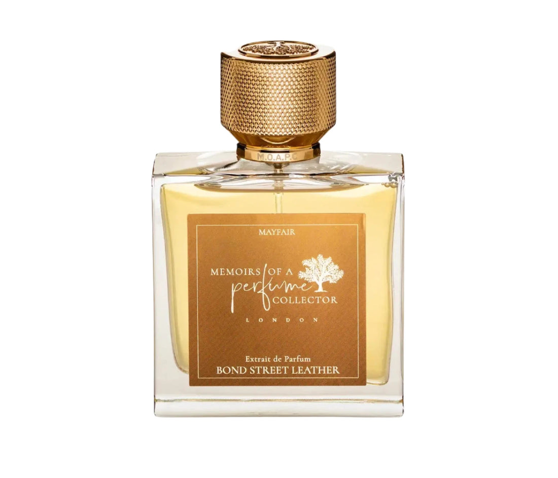 Memoirs of a Perfume Collector Bond Street Leather perfume bottle with gold label and textured cap