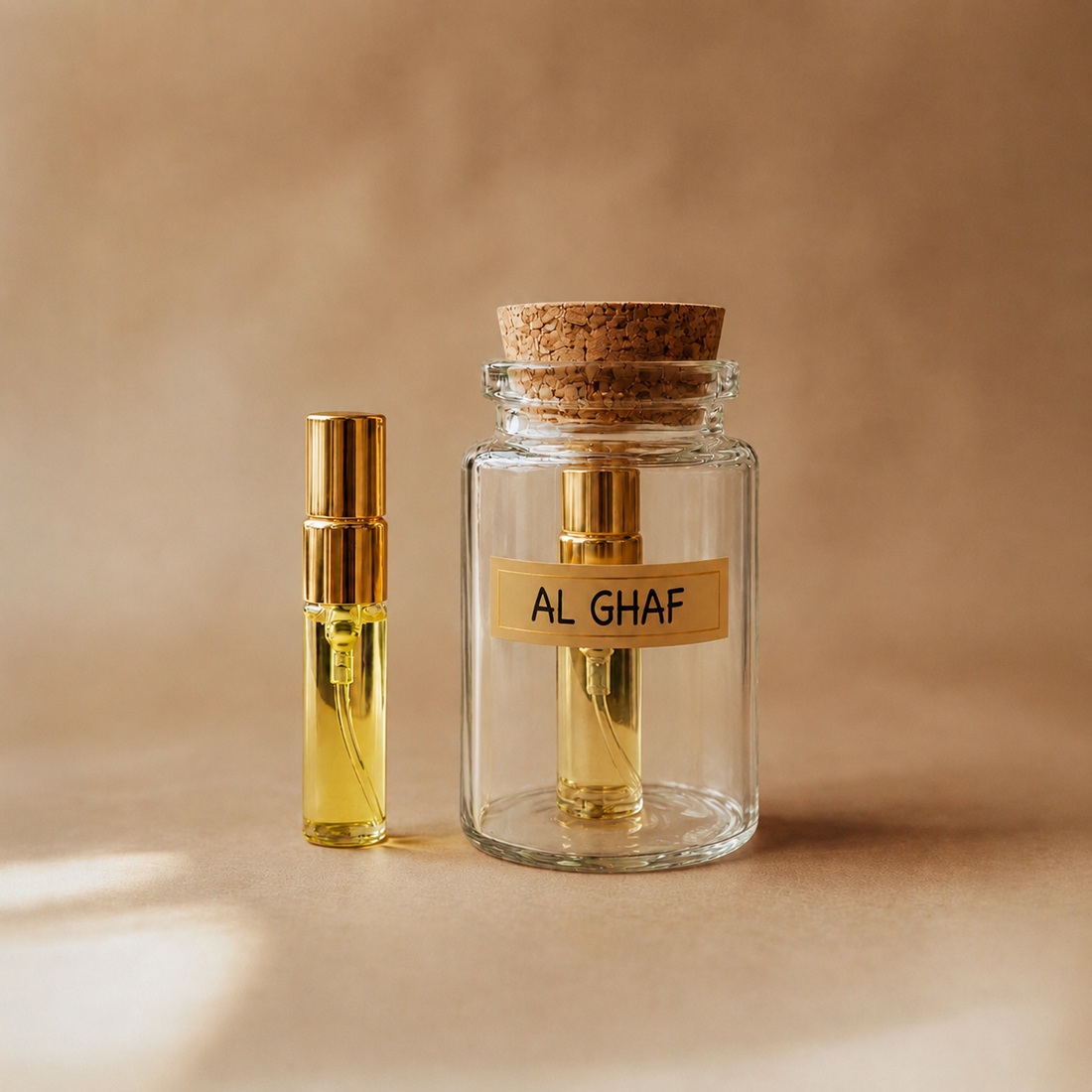The Scent Library Al Ghaf Eau De Parfume sample of perfume with a clear bottle and cork lid showcasing floral notes