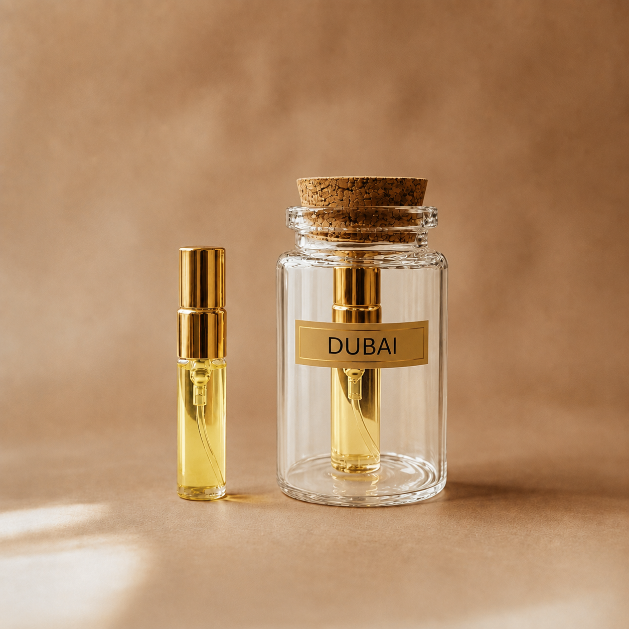 The Scent Library DUBAI Eau De Parfume Sample 3ml in a glass bottle with a cork lid