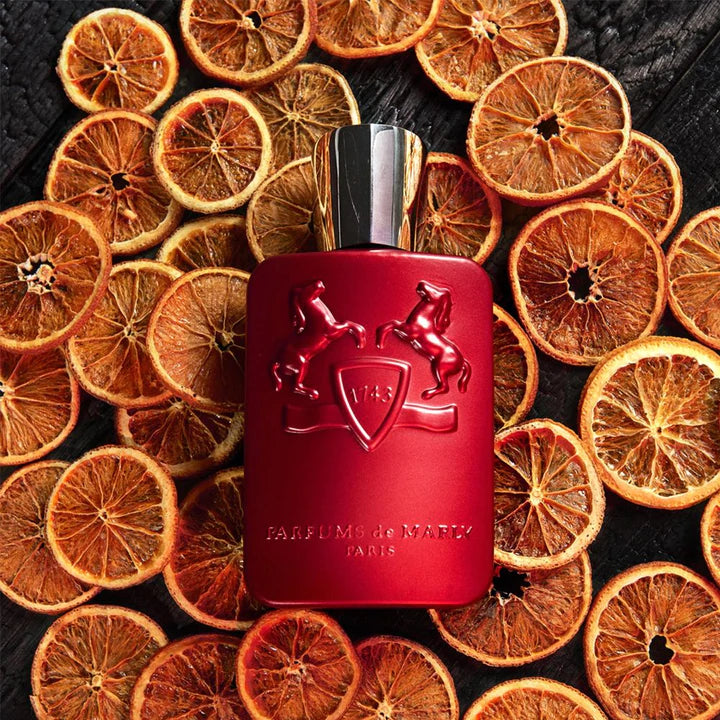 Red Parfums de Marly Kalan 125ml perfume bottle surrounded by dried orange slices buy Parfums de Marly Kalan 125ml