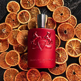 Red Parfums de Marly Kalan 125ml perfume bottle surrounded by dried orange slices buy Parfums de Marly Kalan 125ml