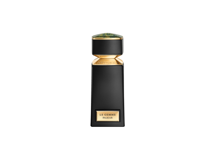 Bvlgari Le Gemme Falkar perfume bottle with black and gold design and green gemstone cap