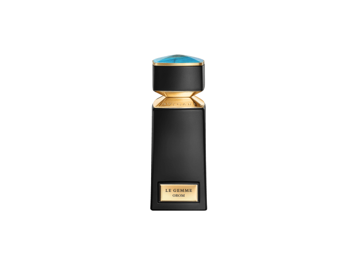 Bvlgari Le Gemme Orom Eau De Parfum black bottle with gold accents and blue cap against black background