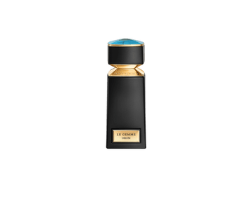 Bvlgari Le Gemme Orom Eau De Parfum black bottle with gold accents and blue cap against black background