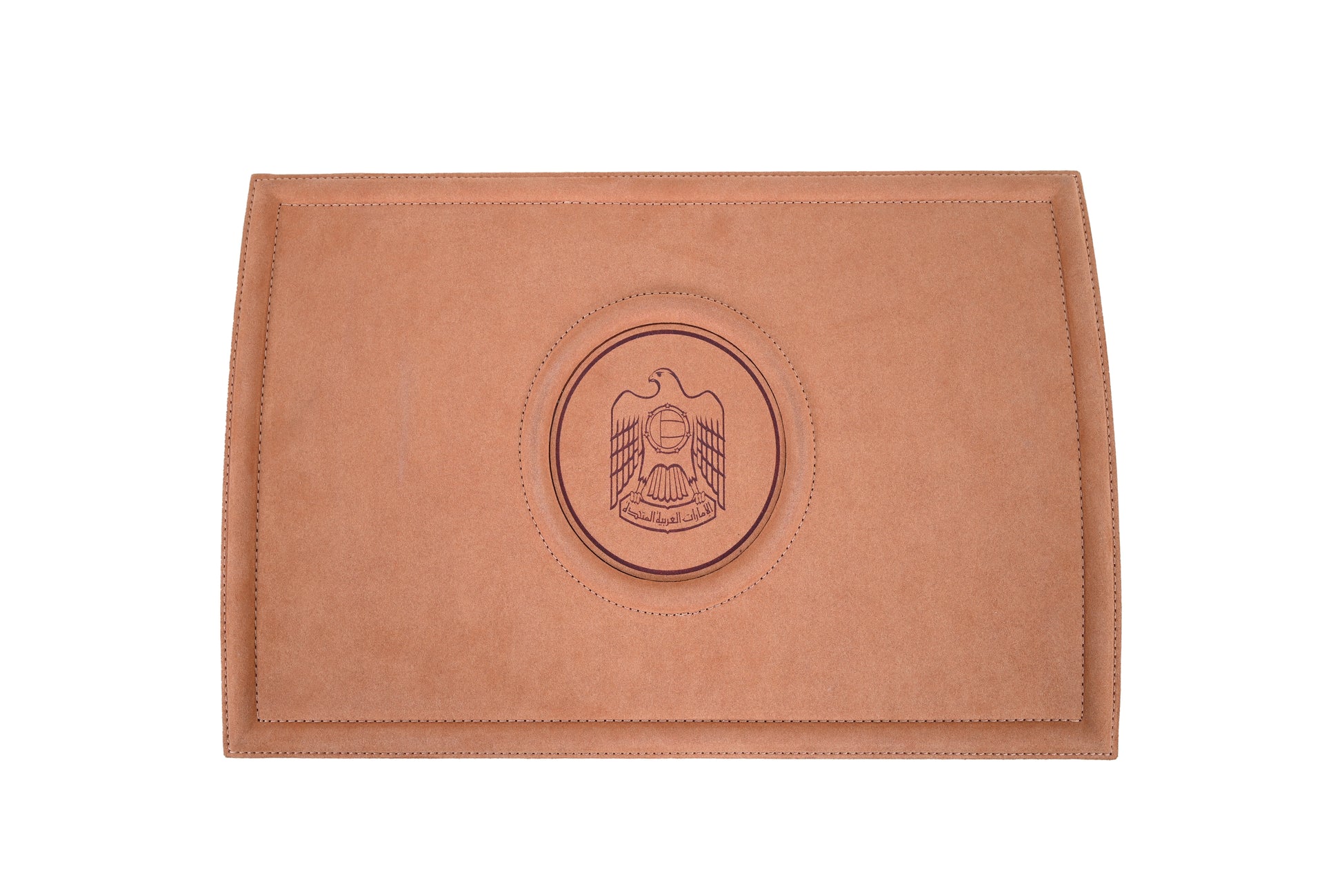 Scent Library camel leather perfume collection pouch with embossed emblem in tan brown