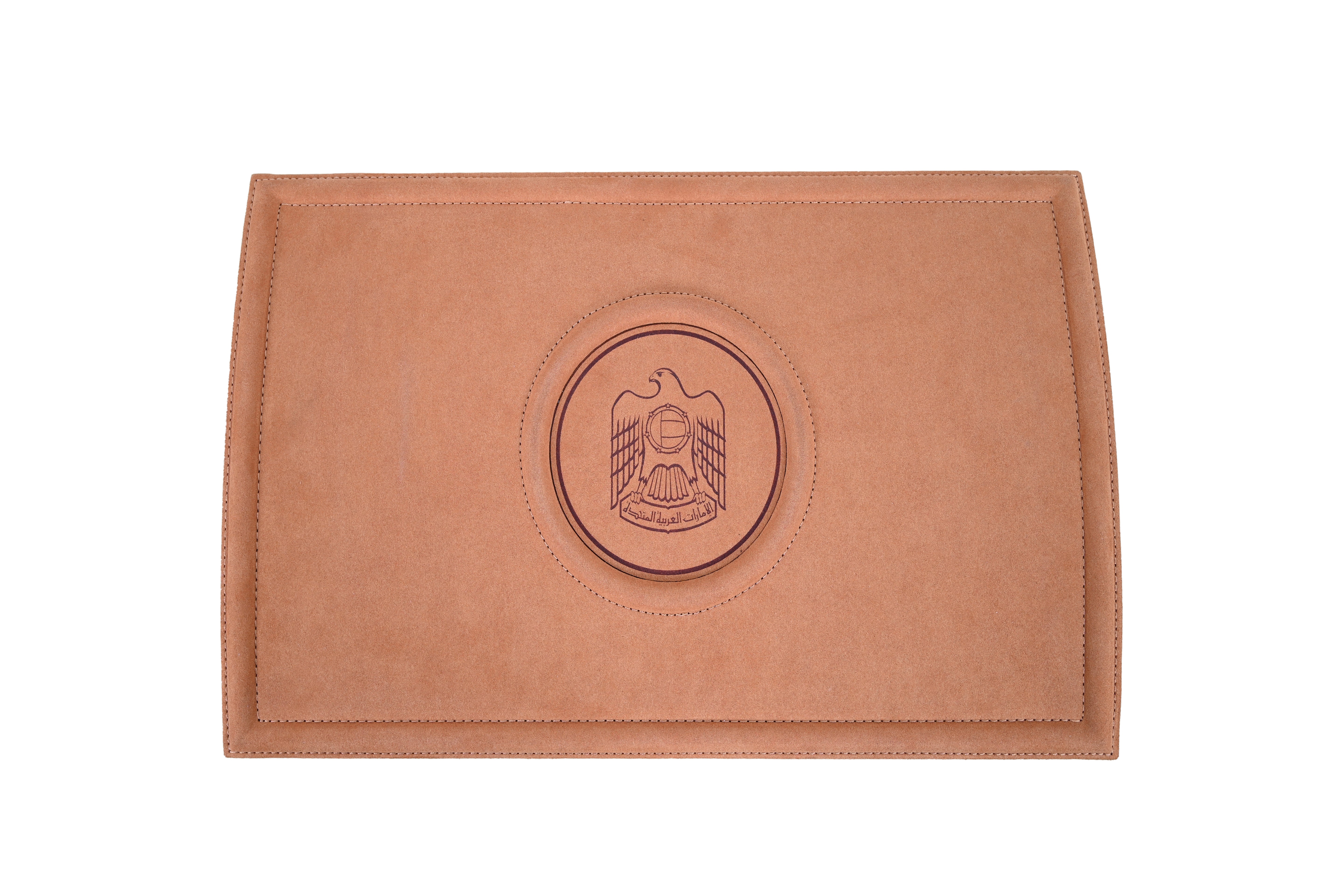 Scent Library camel leather perfume collection pouch with embossed emblem in tan brown