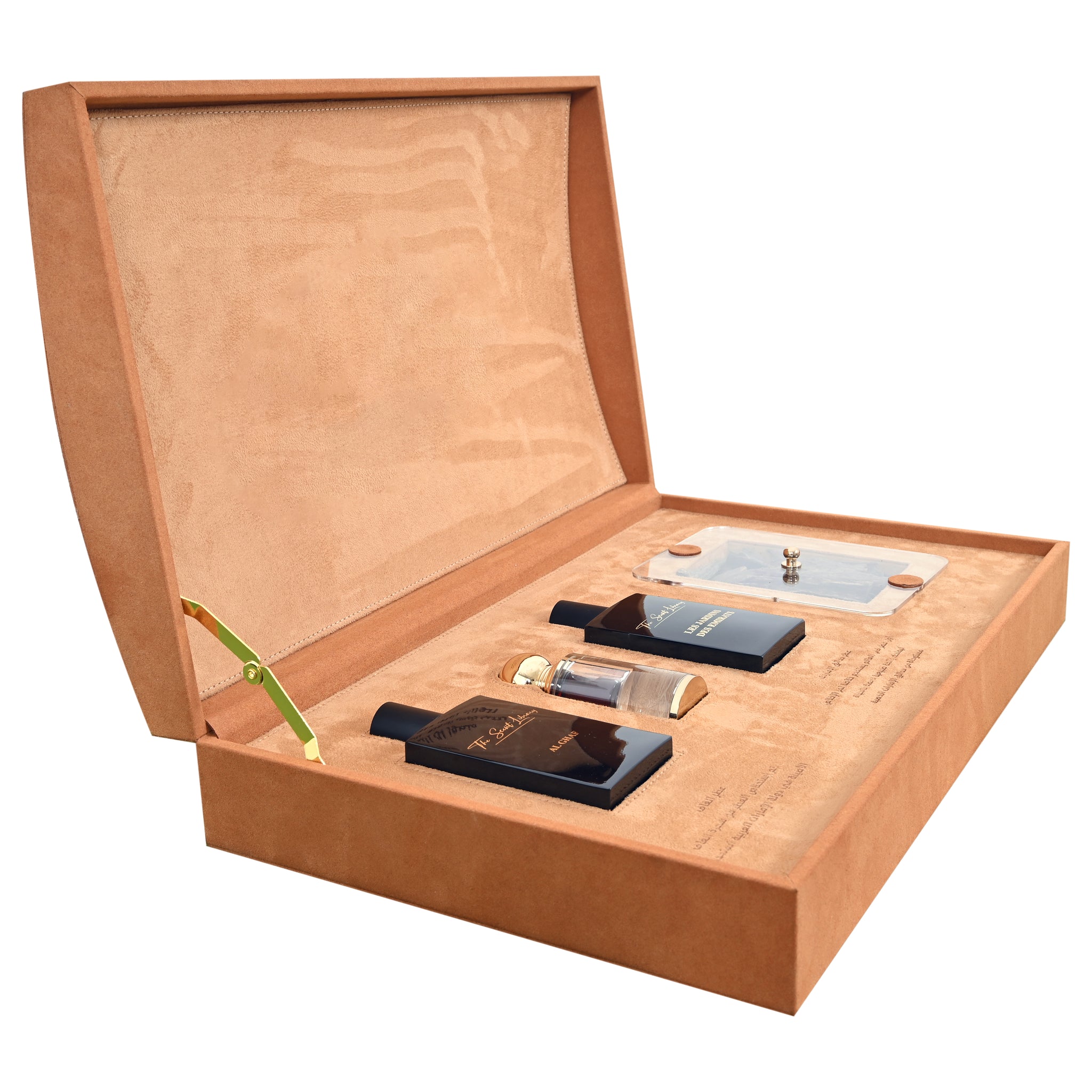 Scent Library camel leather perfume collection set with elegant bottles in a suede display box
