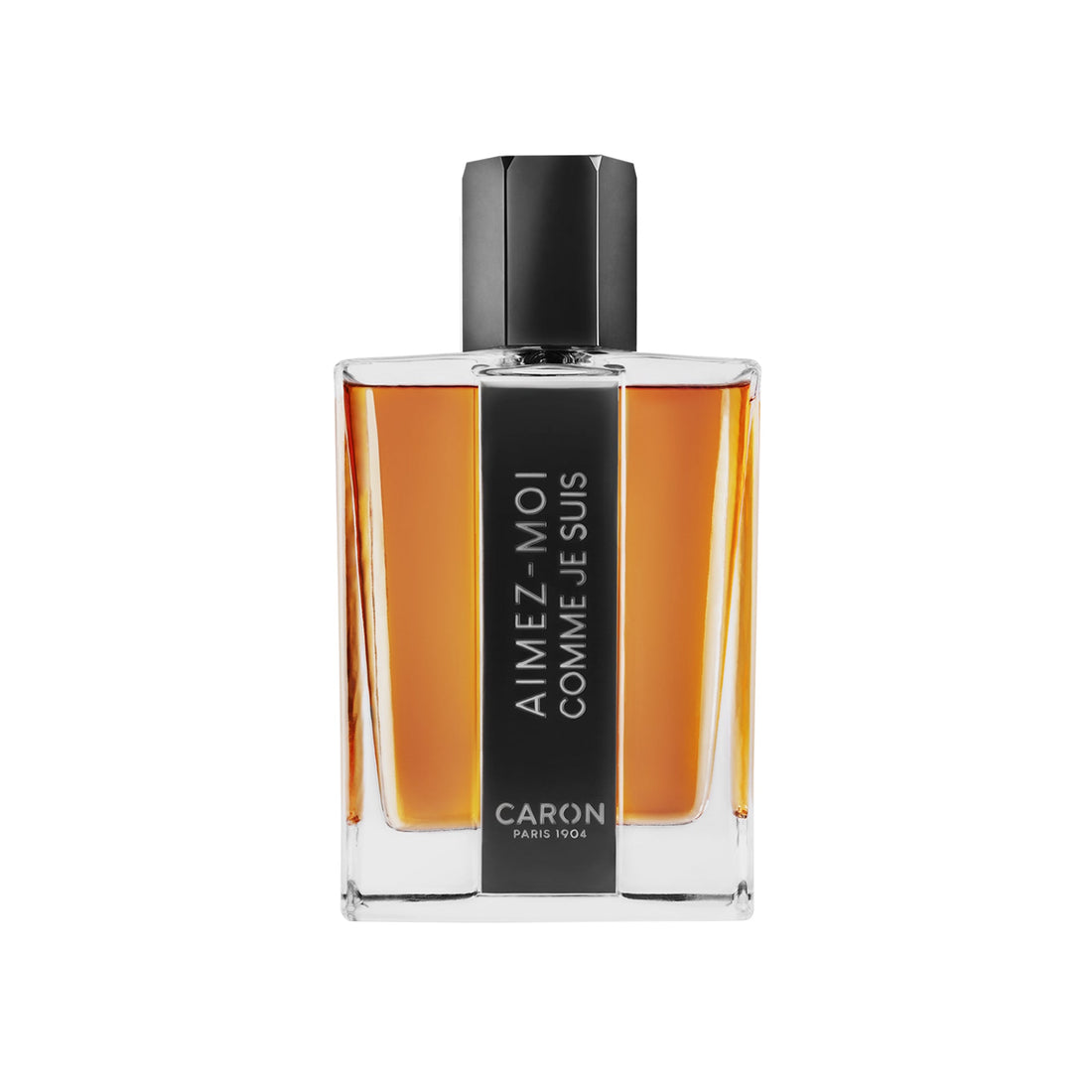 Caron Aimez-Moi Comme Je Suis perfume in a clear rectangular bottle with black cap and label