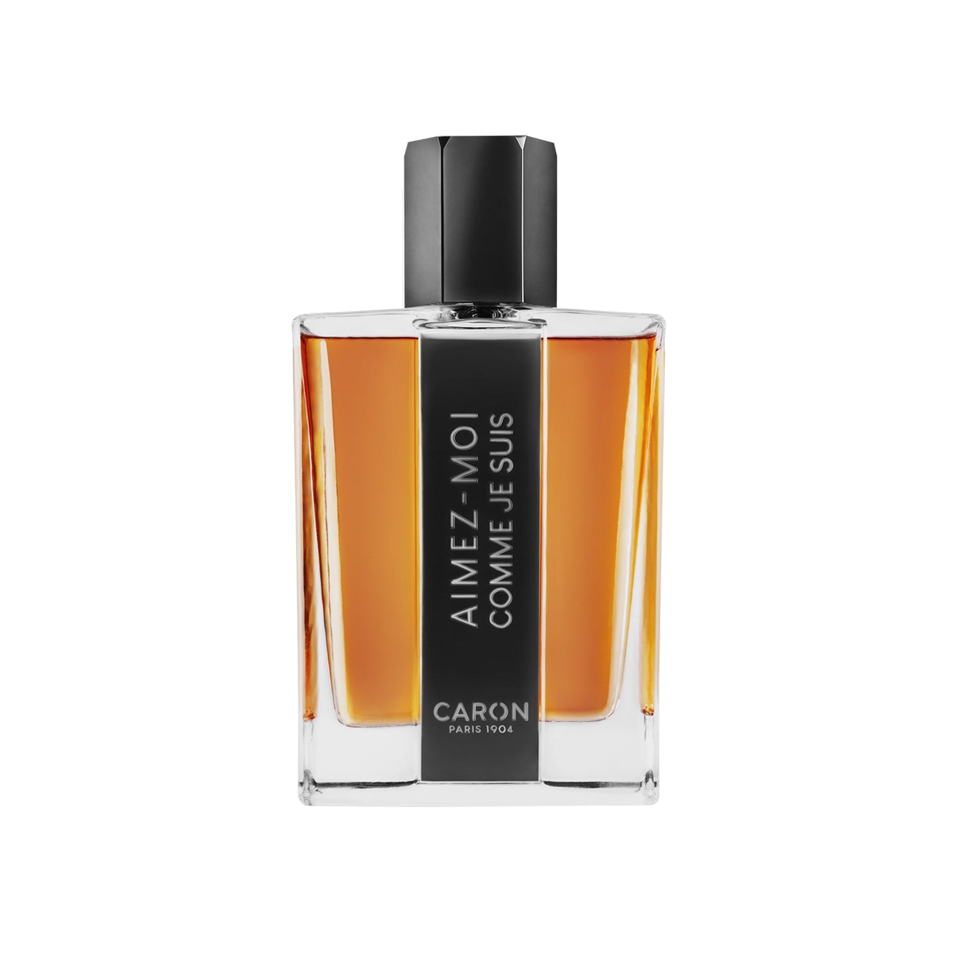 Caron Aimez-Moi Comme Je Suis perfume in a clear rectangular bottle with black cap and label