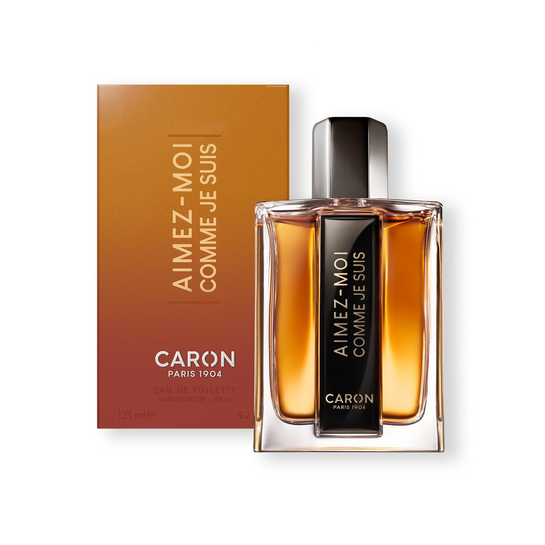 Caron Aimez-Moi Comme Je Suis perfume in a clear rectangular bottle with black cap and label