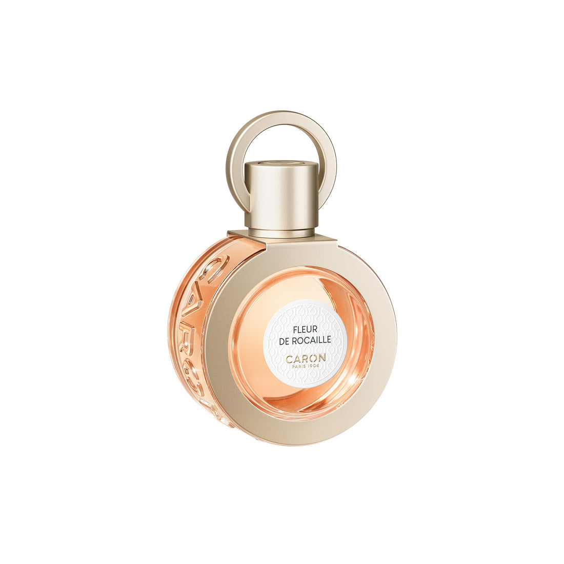 Caron Fleur De Rocaille perfume bottle with elegant gold cap and peach-colored fragrance