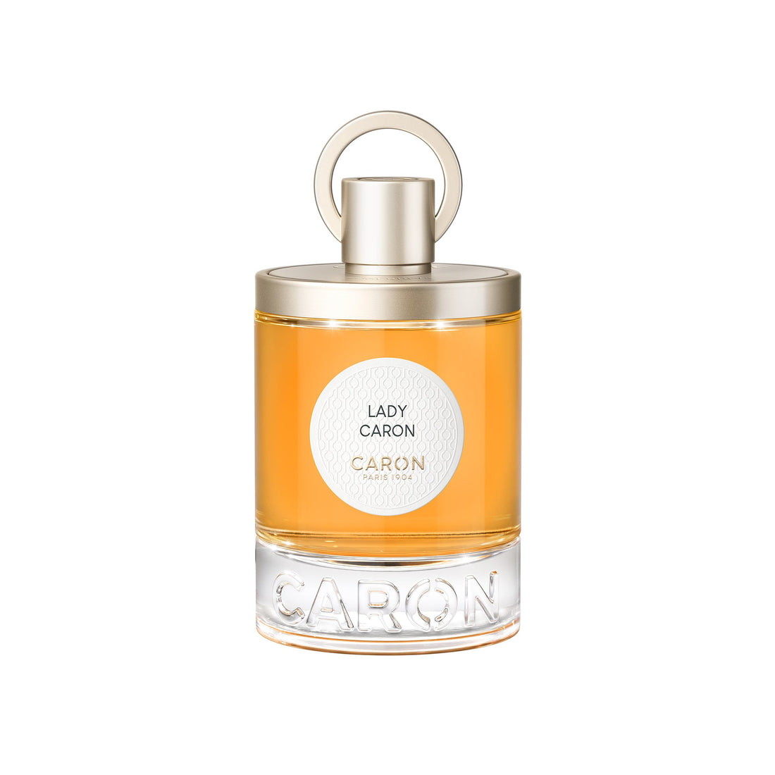 Caron Lady Caron Eau de Parfum bottle with amber liquid and gold cap on white background