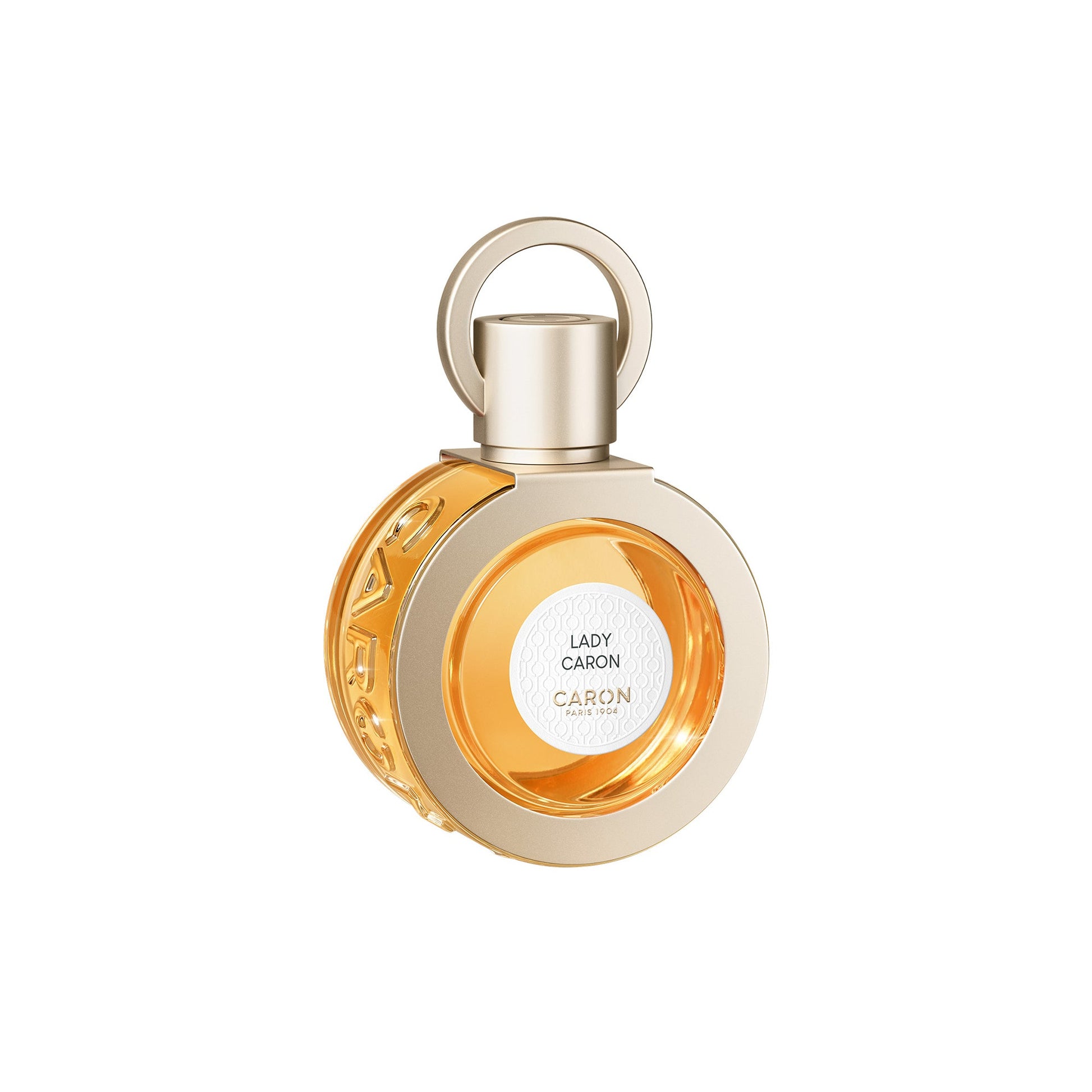 Caron Lady Caron Eau de Parfum round bottle with gold accents and amber fragrance inside