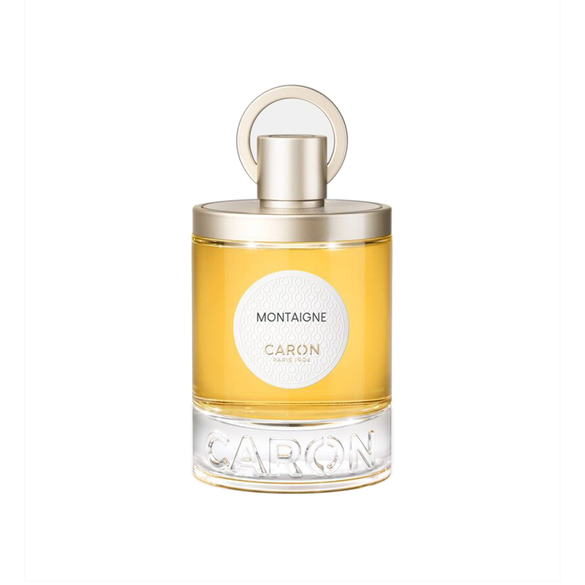Caron Montaigne Eau de Parfum in elegant clear glass bottle with gold cap and yellow perfume