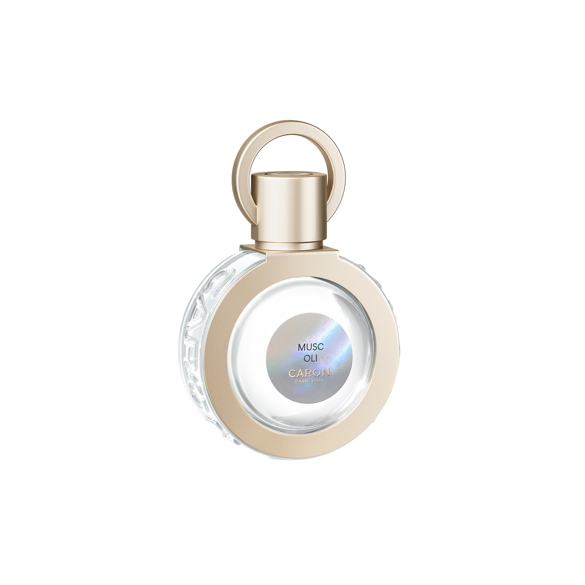 Caron Musc Oli Eau De Toilette clear round bottle with gold accents and circular handle