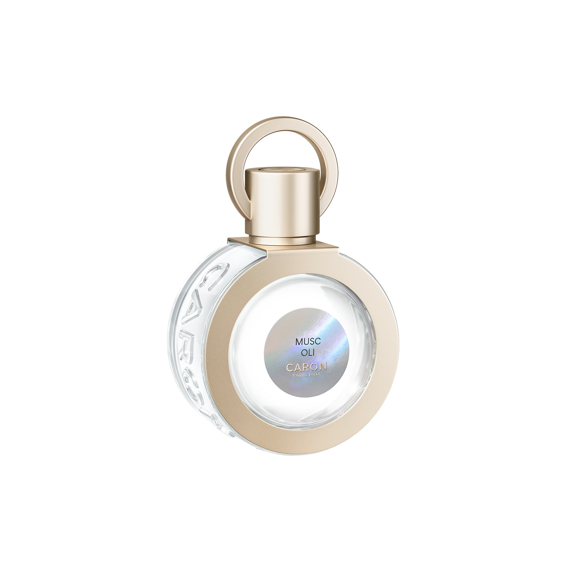 Caron Musc Oli Eau De Toilette perfume bottle with elegant round gold and clear design