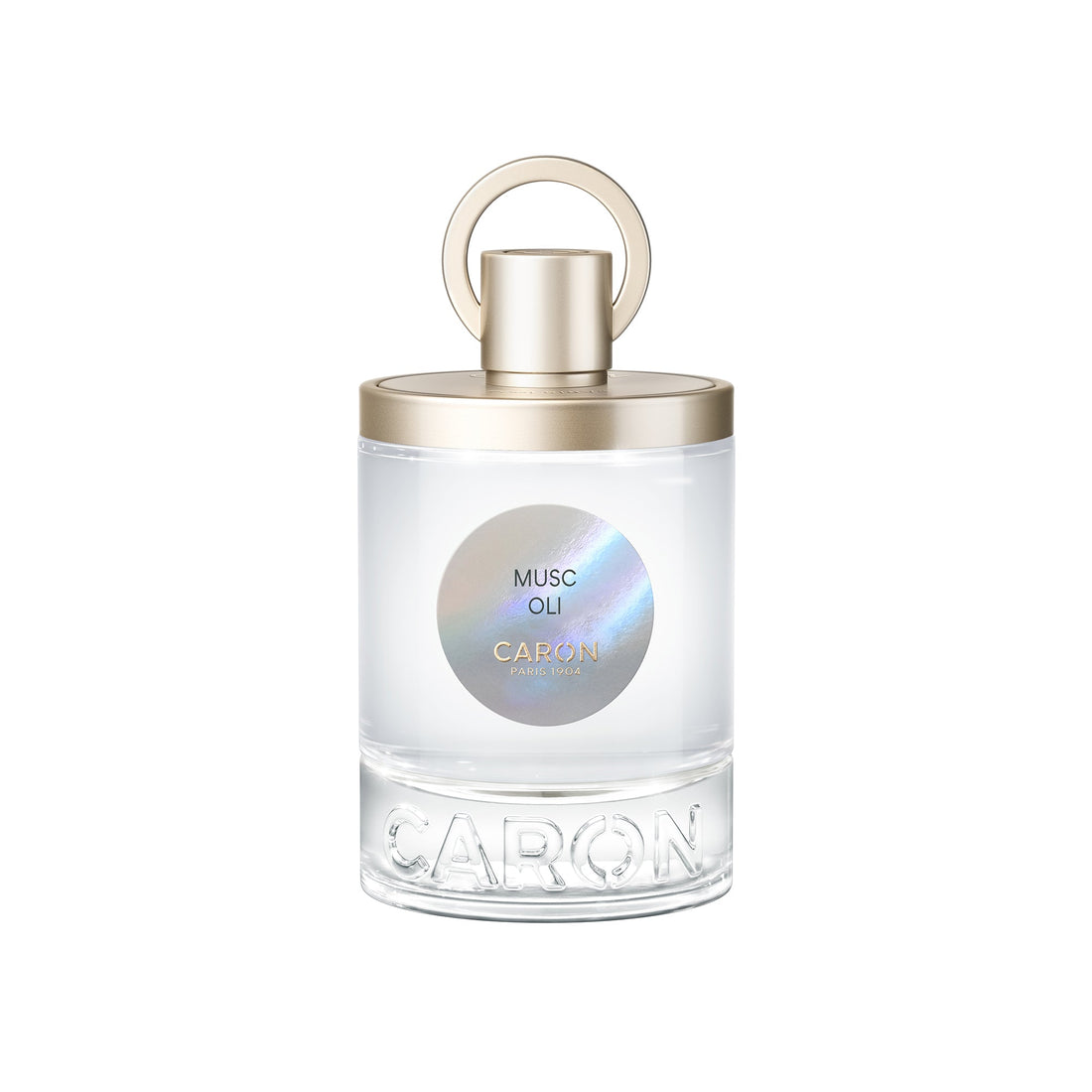 Caron Musc Oli Eau De Toilette in clear glass bottle with gold cap and round handle
