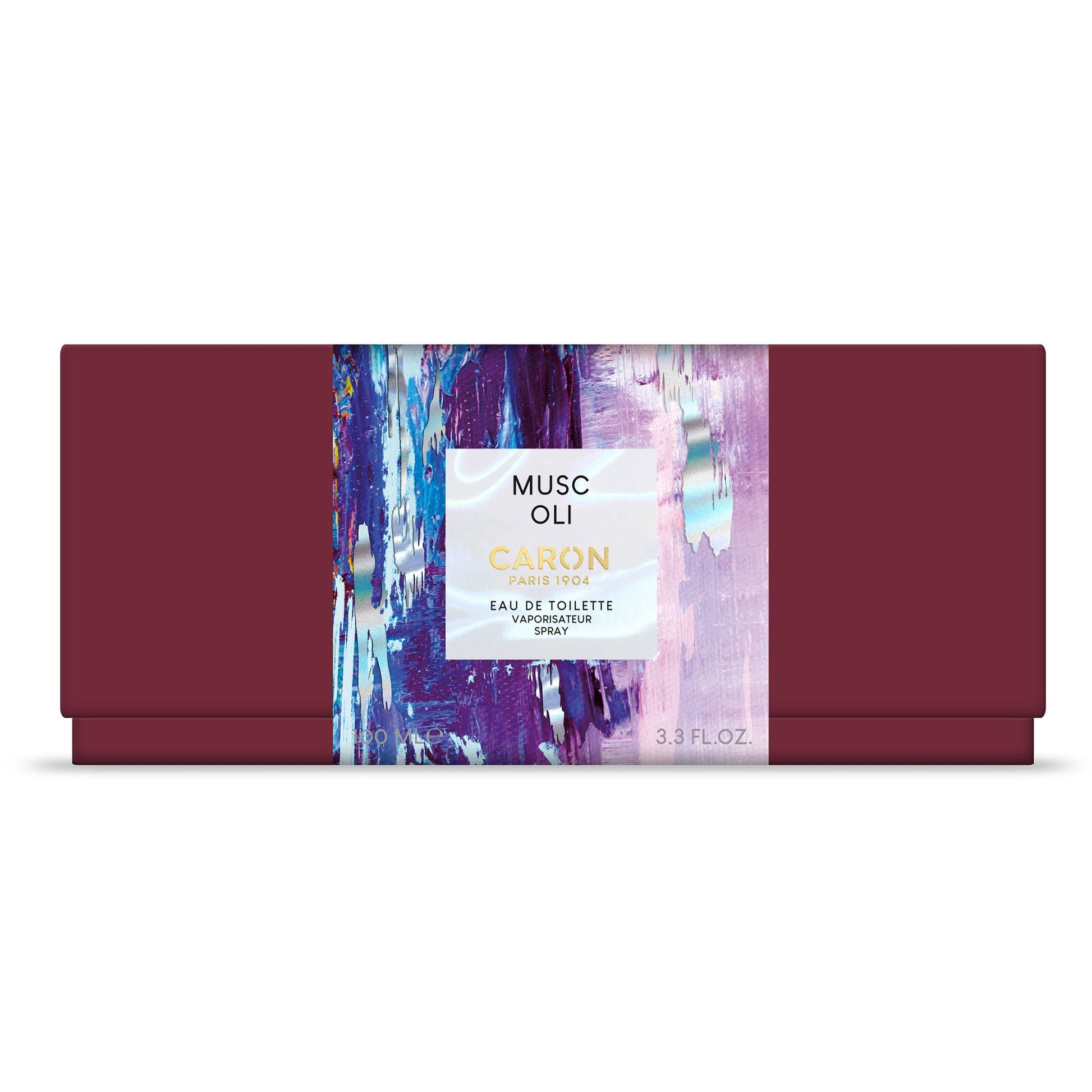 Caron Musc Oli Eau De Toilette perfume box with artistic purple and blue design and 3.3 fluid ounce size