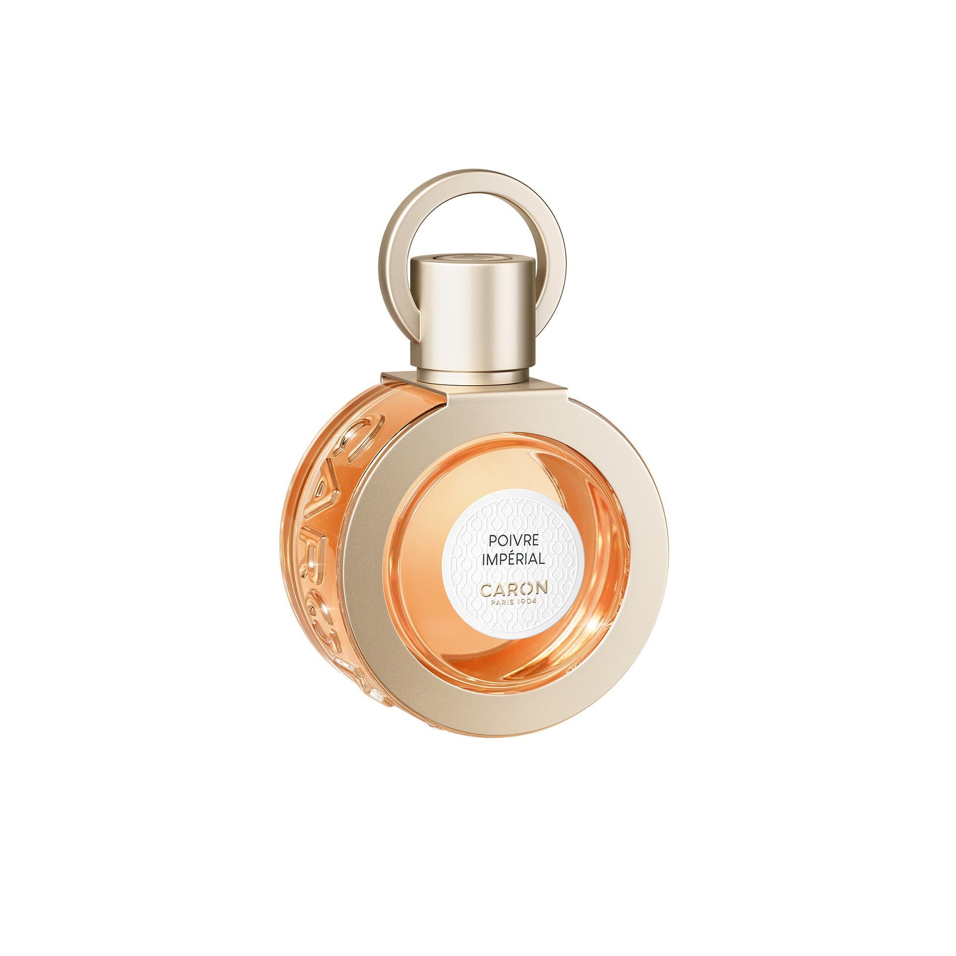 Caron Poivre Impérial Eau de Parfum bottle with round gold and amber design