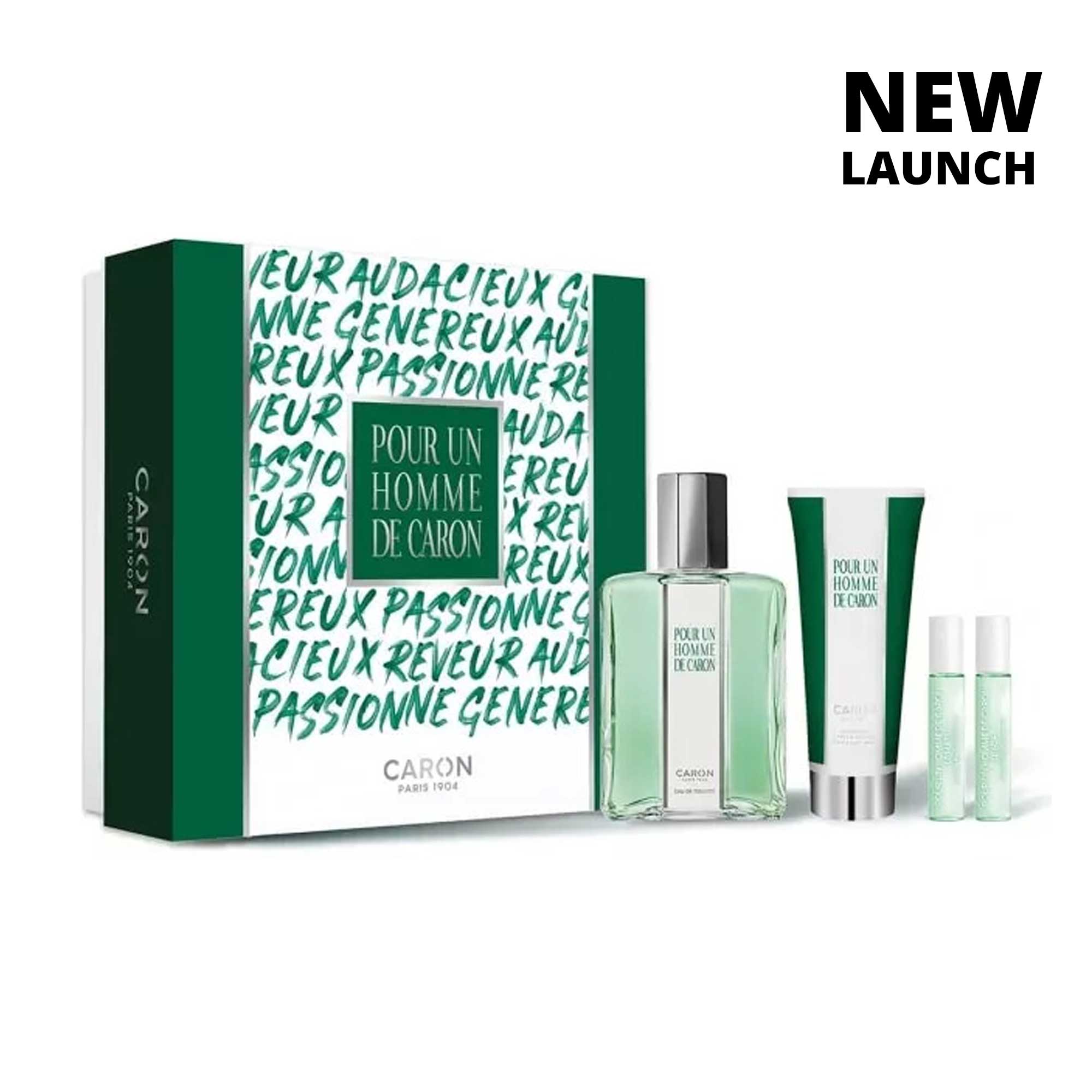 Pour Un Homme De Caron gift set with green and white packaging including perfume, lotion, and two small bottles
