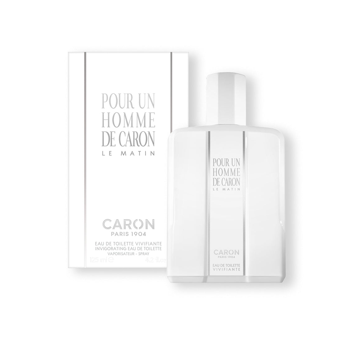 Caron Pour Un Homme de Caron Le Matin Eau de Toilette bottle and packaging in white