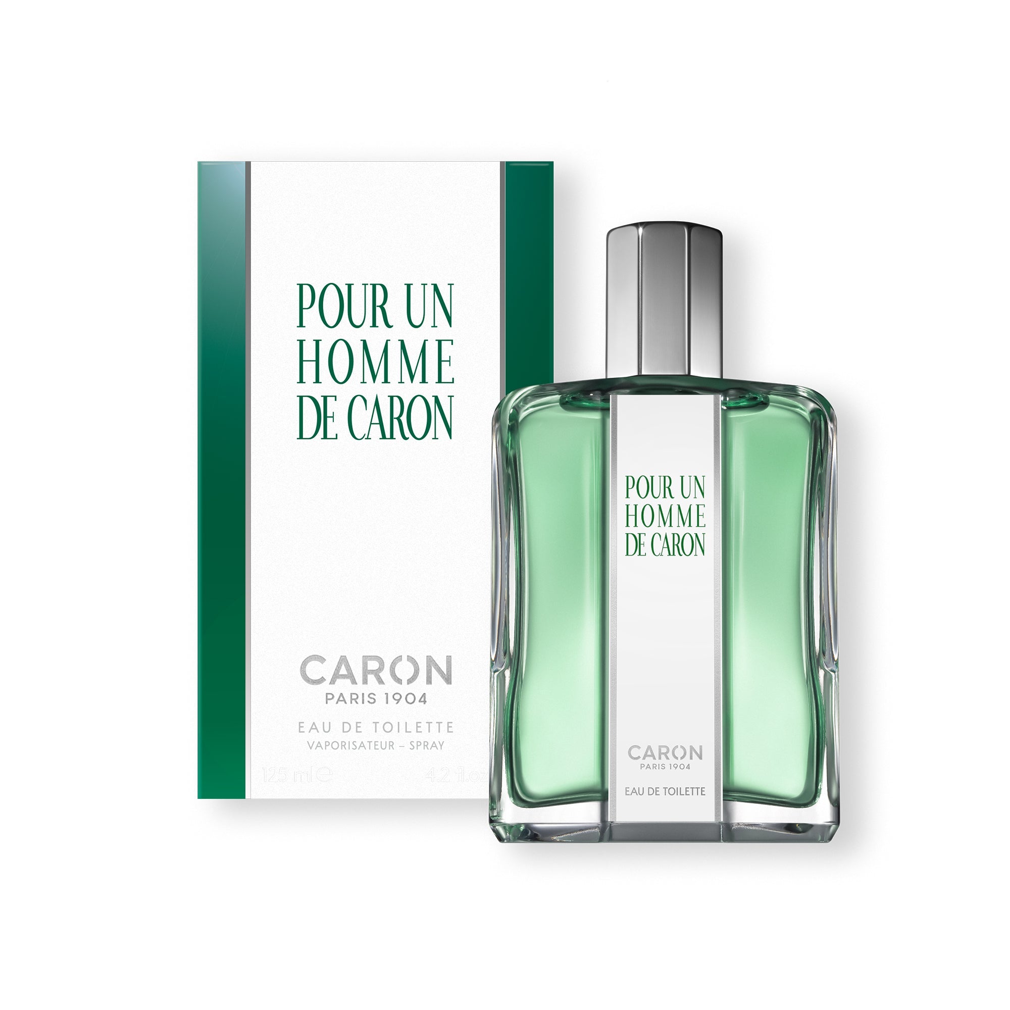 Pour Un Homme de Caron perfume bottle and packaging with green and white design by Caron