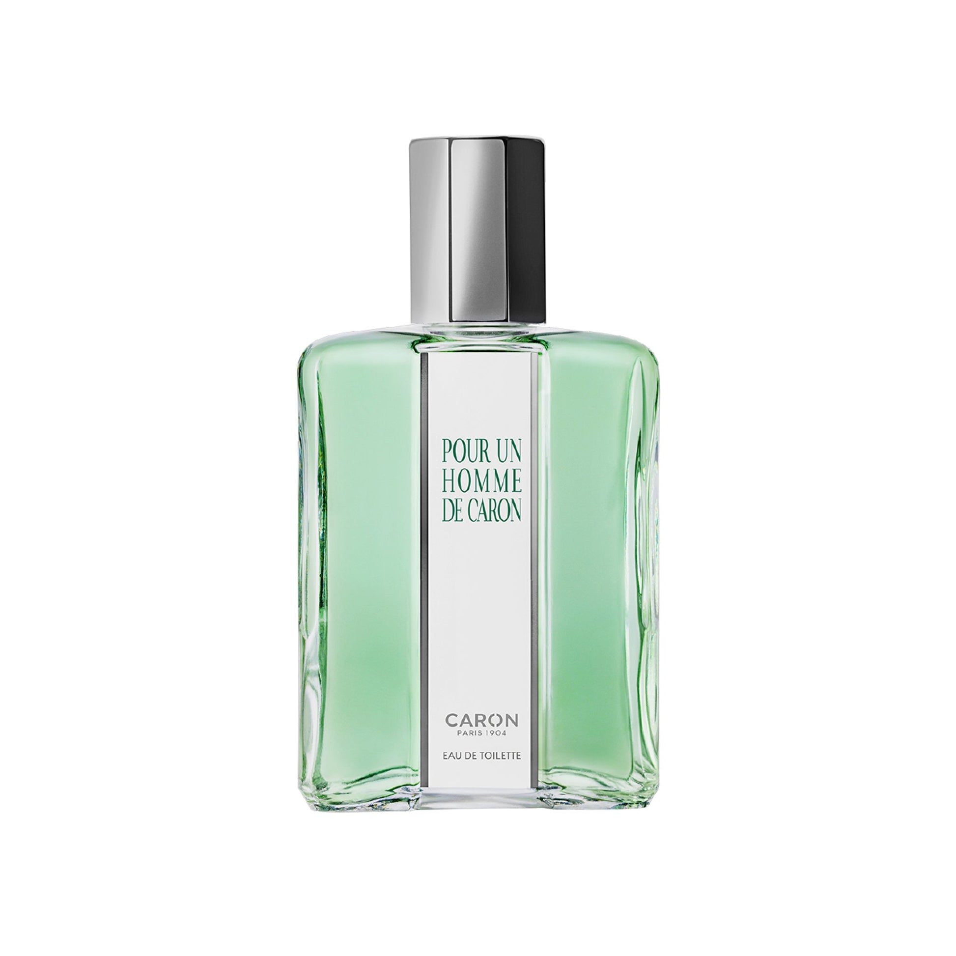 Caron Pour Un Homme de Caron perfume in clear green glass bottle with silver cap
