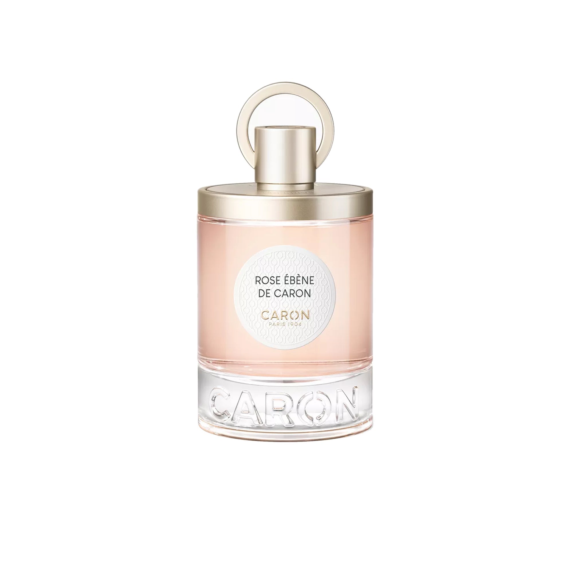Rose Ébène De Caron perfume bottle with light pink fragrance and gold cap by Caron