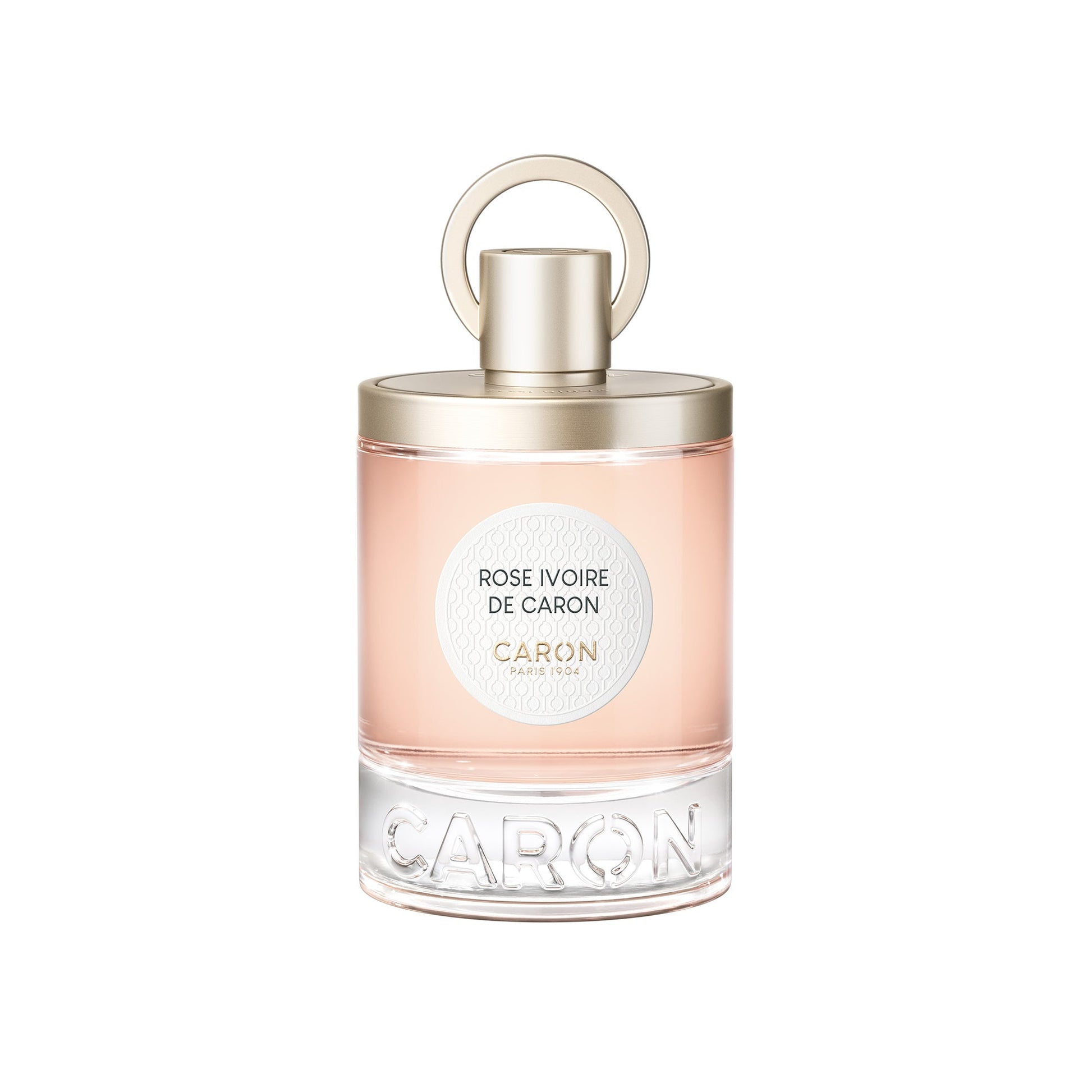 Caron Rose Ivoire Eau de Parfum bottle with light pink fragrance and gold cap