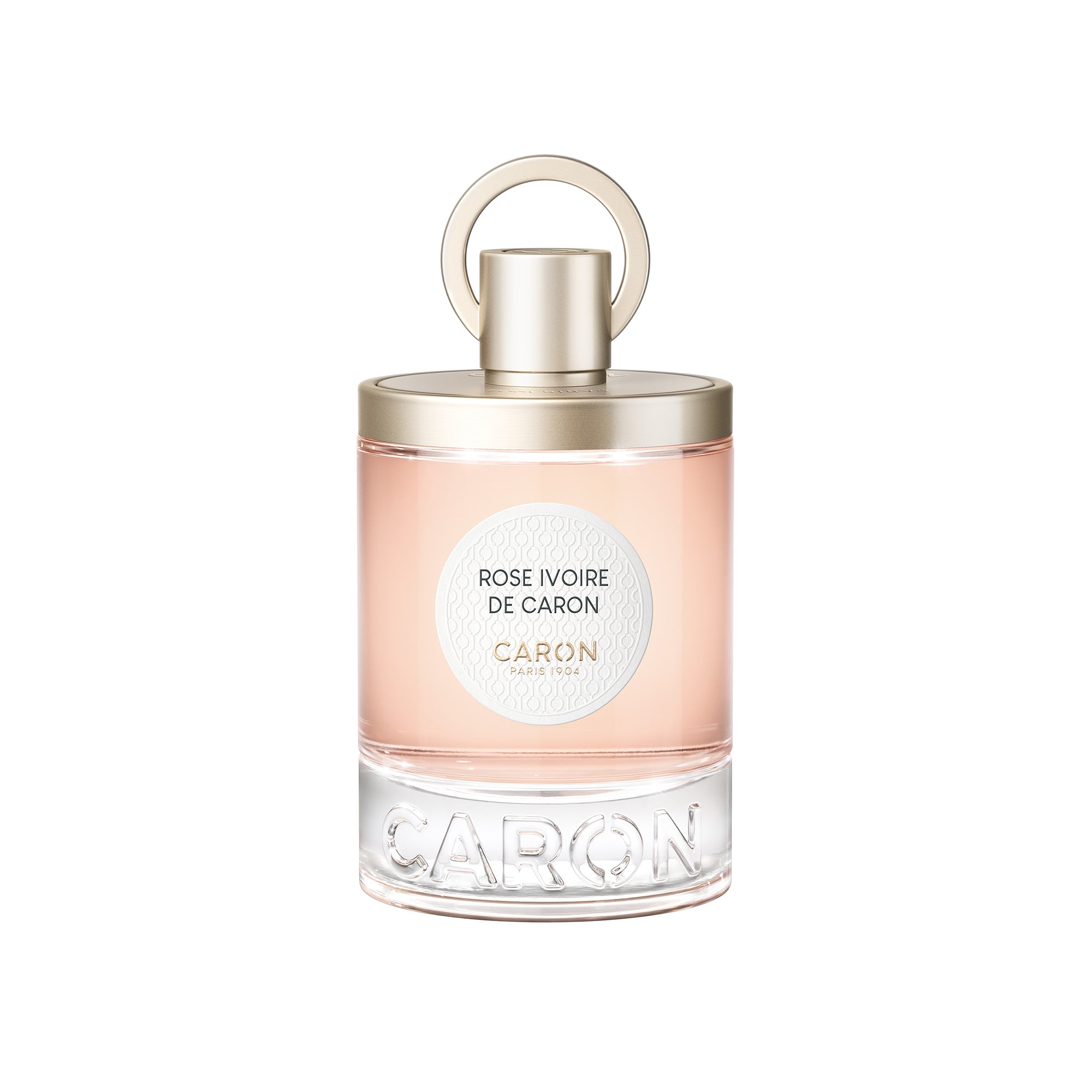 Caron Rose Ivoire Eau de Parfum bottle with light pink fragrance and gold cap