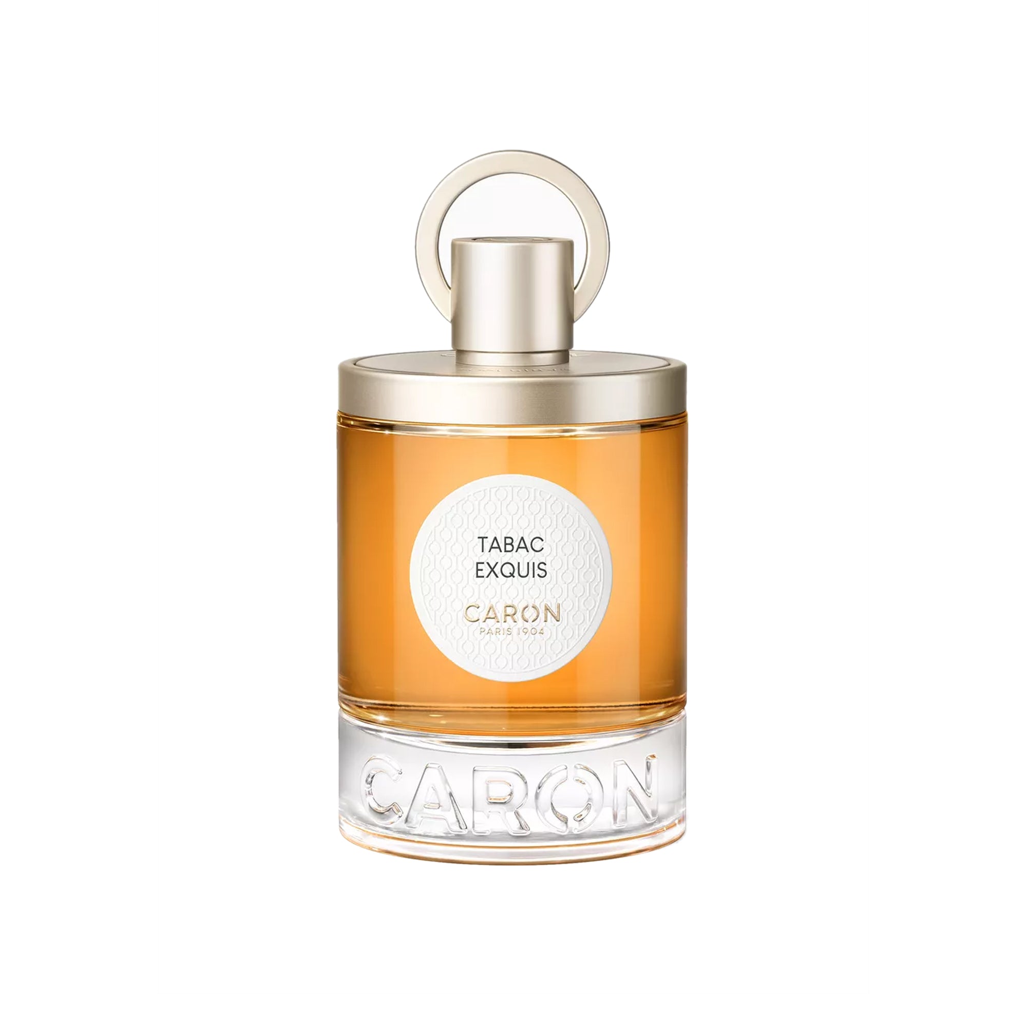 Caron Tabac Exquis Eau de Parfum in clear glass bottle with gold cap and amber liquid