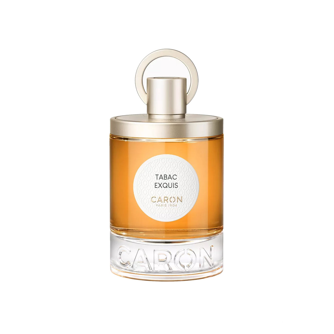 Caron Tabac Exquis Eau de Parfum in clear glass bottle with gold cap and amber liquid