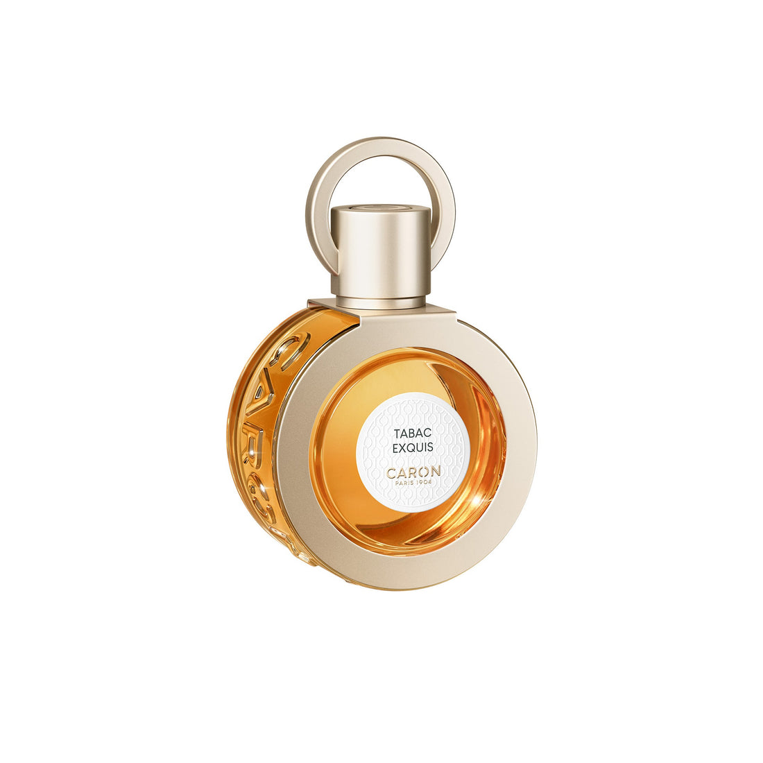 Caron Tabac Exquis Eau de Parfum in clear glass bottle with gold cap and amber liquid