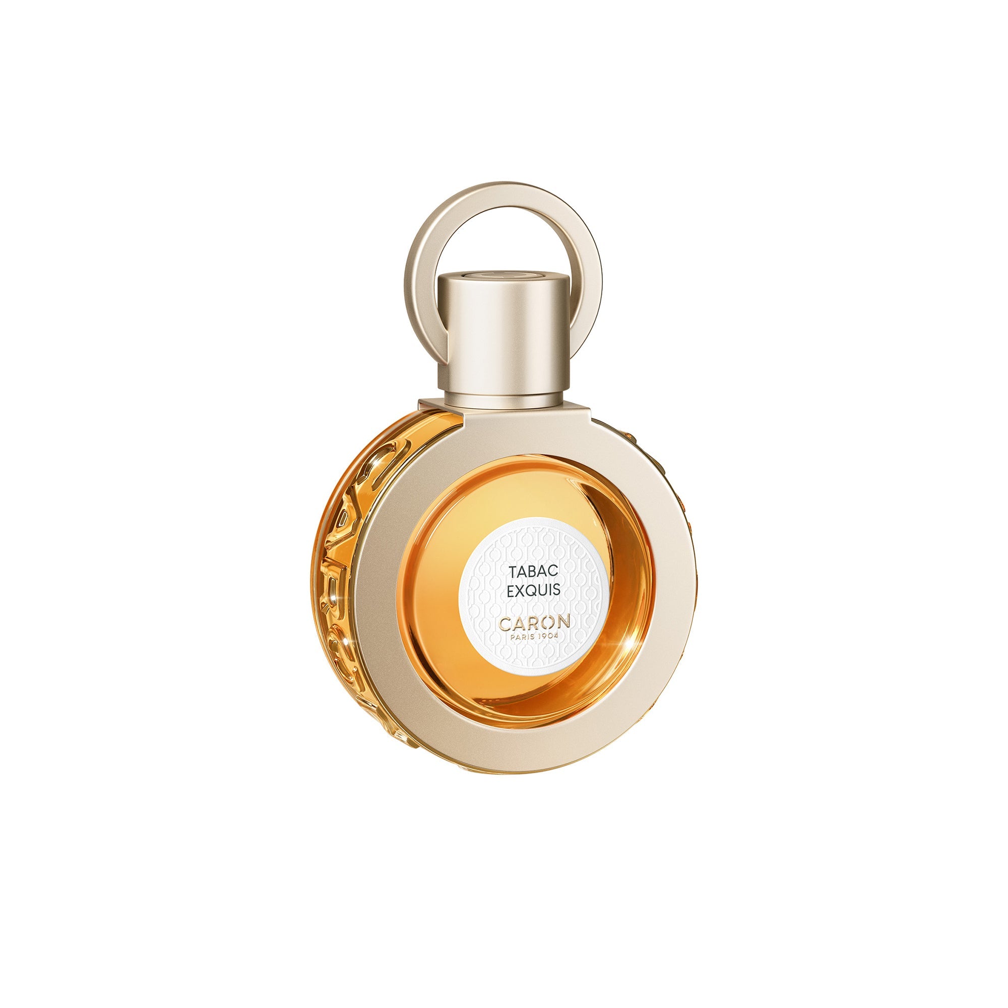 Caron Tabac Exquis Eau de Parfum in elegant round gold bottle with amber liquid inside