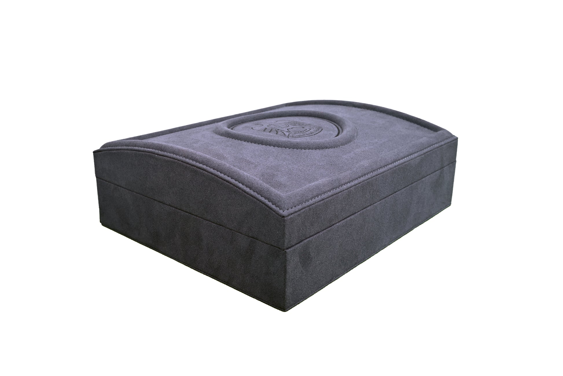 Scent Library charcoal velvet fragrance box with embossed logo and soft texture for perfume storage