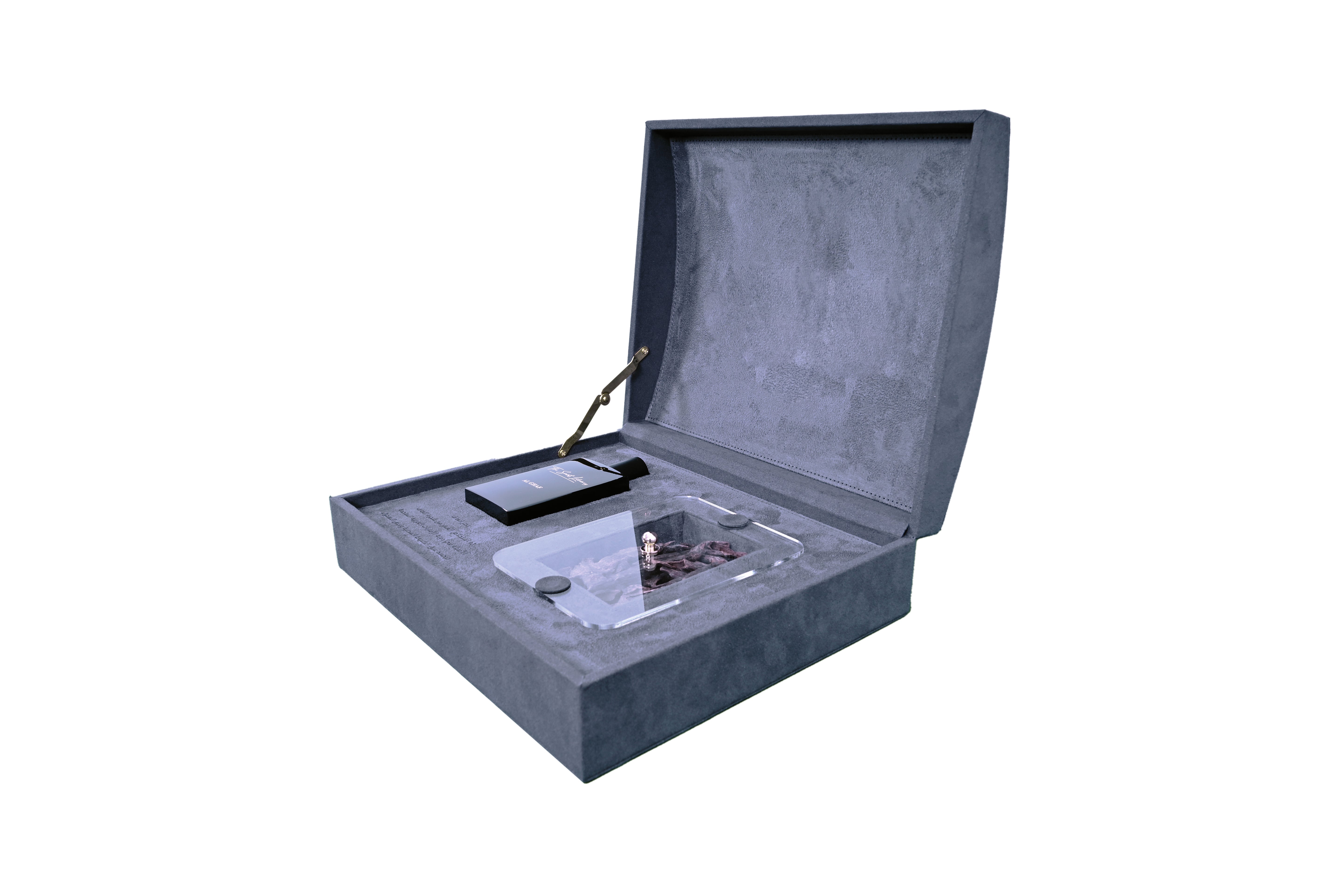 Open charcoal velvet fragrance box by Scent Library with compartments for perfume accessories