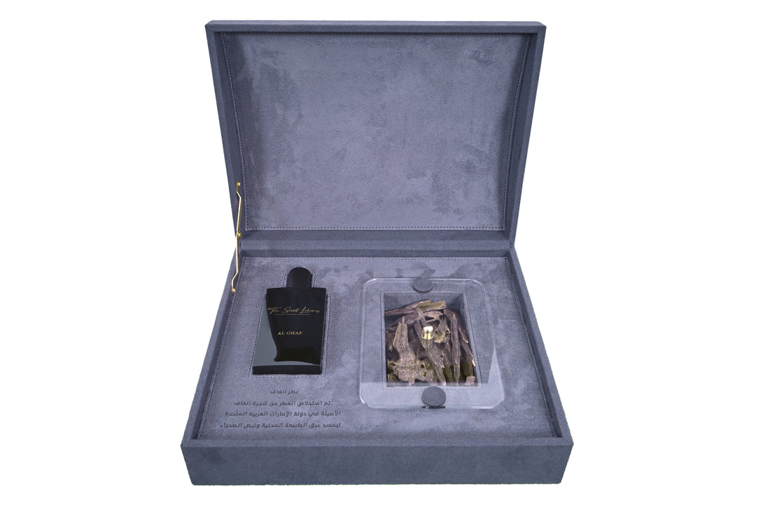Scent Library charcoal velvet fragrance box with black perfume bottle and elegant packaging inside