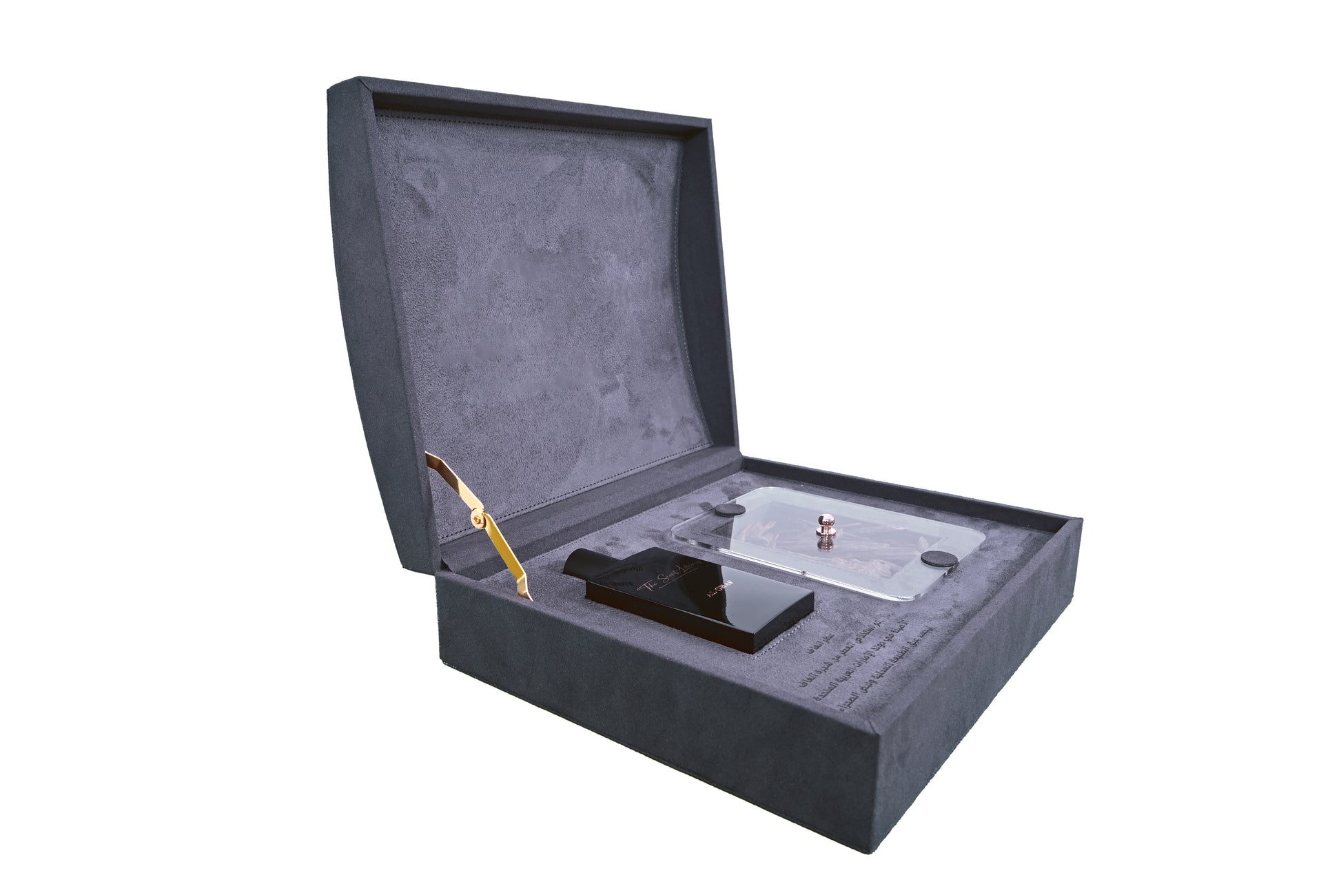 Scent Library charcoal velvet fragrance box open with perfume bottle and accessories inside