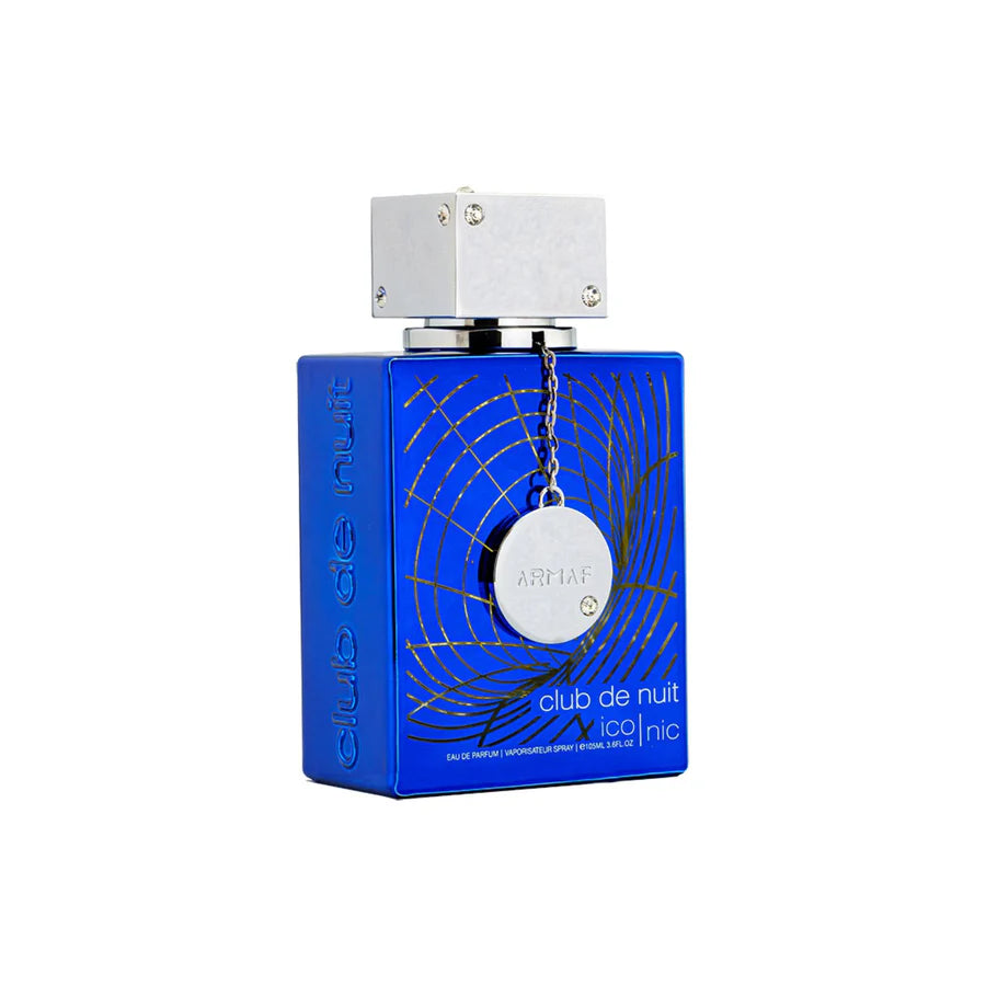 ARMAF Club de Nuit Blue Iconic perfume bottle in blue with silver cap and decorative chain