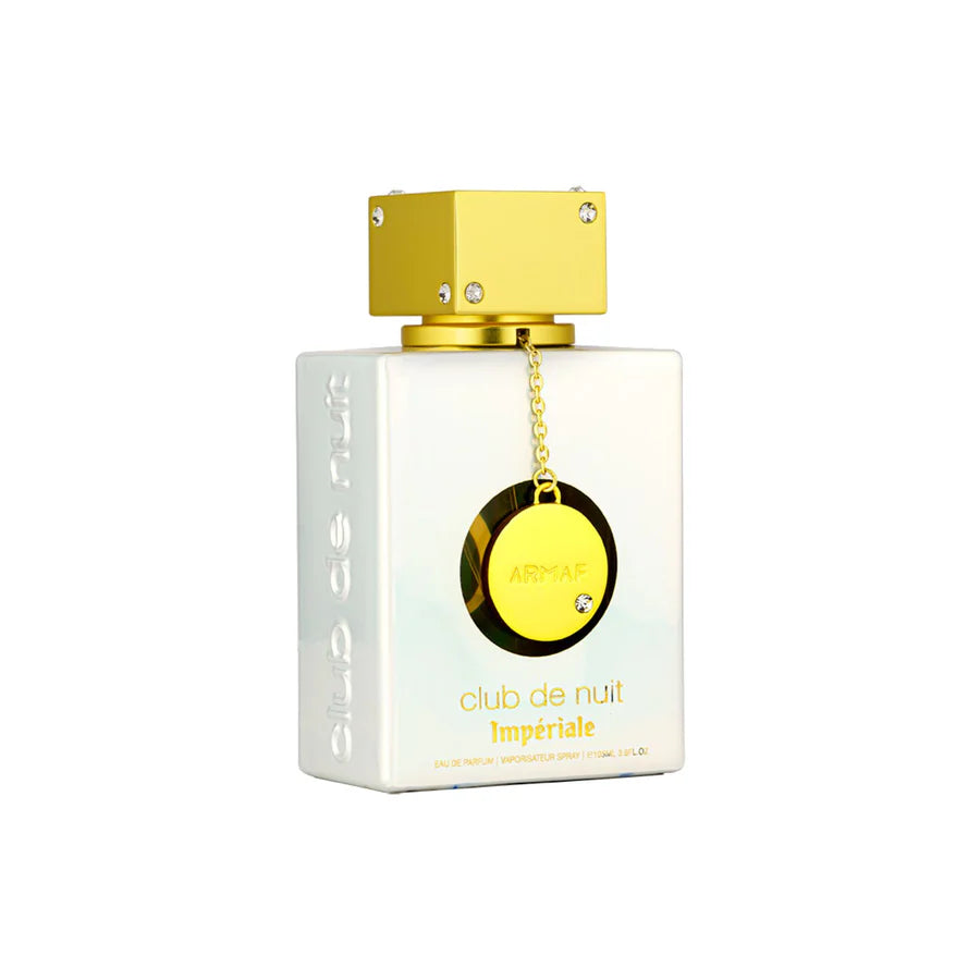 ARMAF Club de Nuit Imperiale perfume bottle with white and gold design and decorative charm