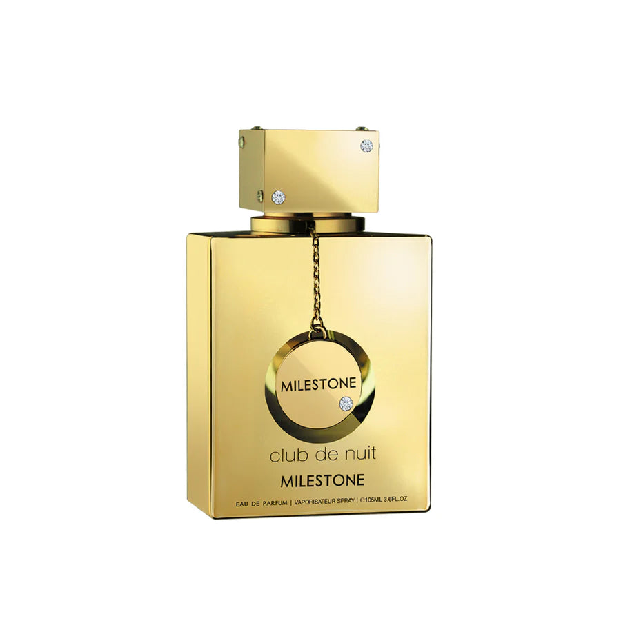 ARMAF Club de Nuit Milestone perfume gold rectangular bottle with decorative chain and jewels
